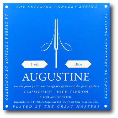 Embalagem azul de cordas para guitarra Augustine com texto em branco.