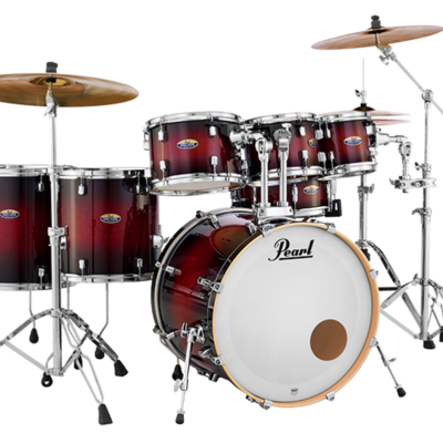 Bateria acústica Pearl vermelho escuro e preto com pratos e suportes cromados