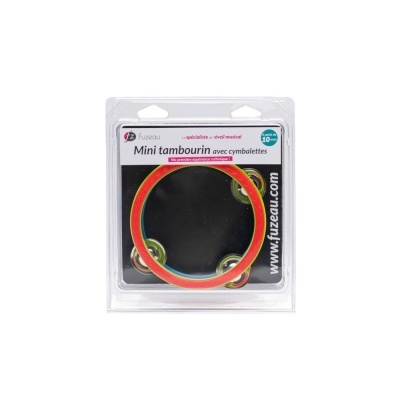 Mini tamborim vermelho e amarelo com címbalos, embalagem transparente com etiqueta branca