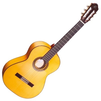 Guitarra clássica em madeira clara com corpo amarelo-dourado