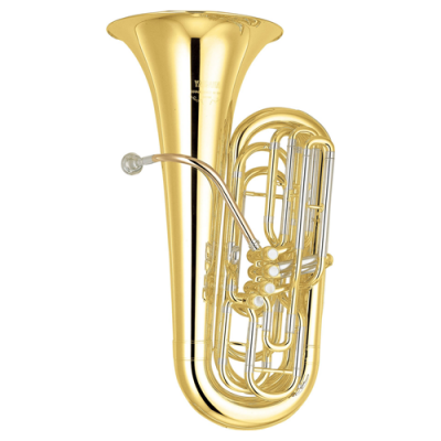 Tuba dourada metálica com válvulas e bocal prateado