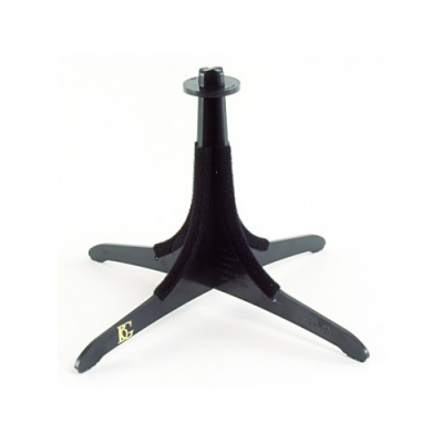 Base preta para árvore de Natal em plástico com quatro pernas e parte central elevada.