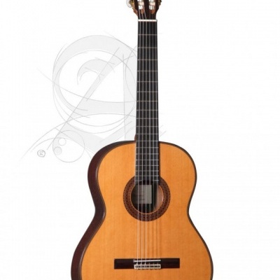 Guitarra clássica de madeira clara e acabamentos escuros