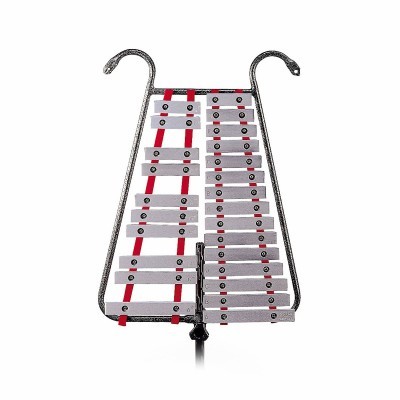 Xilofone metálico infantil com barras prateadas e suporte preto