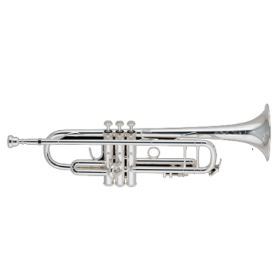 Trompete prateado com três pistões em fundo branco