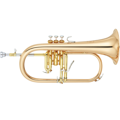 Instrumento musical flugelhorn dourado com três pistões e embocadura metálica
