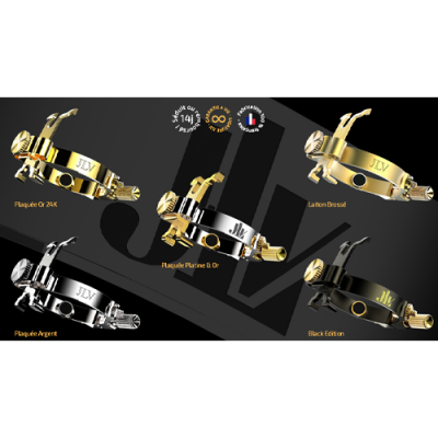 Suportes para garrafas com diferentes acabamentos em ouro, platina e latão, com logotipo JLV e símbolos de garantia e origem.