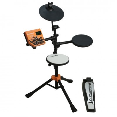 Bateria eletrónica Kaiserdc com pads pretos e branco e módulo laranja