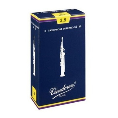 Embalagem azul escura de palhetas para saxofone com texto Vandoren Paris e 2.5.