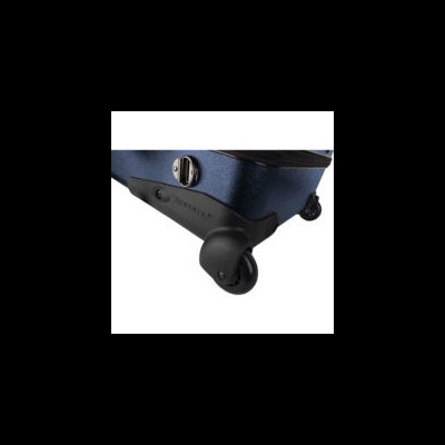 Mala de viagem rígida azul escura com rodas pretas e alça retrátil