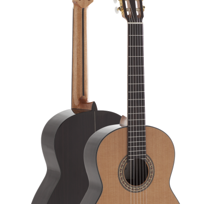 Duas guitarras clássicas em madeira clara e escura com cravelhas douradas