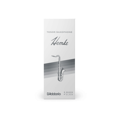 Caixa branca para palhetas de saxofone tenor com texto e imagem de saxofone