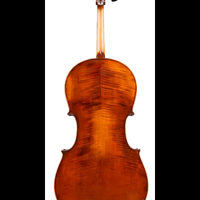 Violoncelo de madeira castanha visto de costas sobre fundo branco