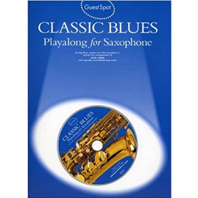 Capa azul do livro Classic Blues Playalong for Saxophone com um CD refletindo a imagem de um saxofone dourado