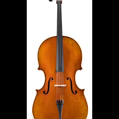 Violoncelo de madeira laranja com quatro cordas e cravelhas pretas