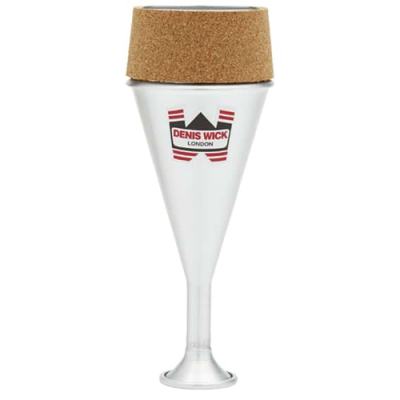 Silenciador de instrumento prateado com topo de cortiça e texto 'DENIS WICK LONDON'