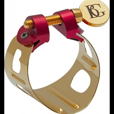 Abraçadeira metálica dourada e vermelha para instrumento musical com parafuso e inscrição BG