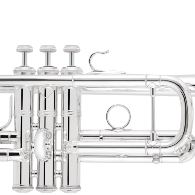 Trompete prateado com etiqueta NEW azul