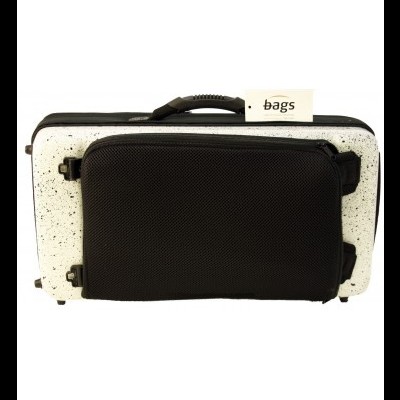 Mala de viagem branca rígida com bolso preto exterior e etiqueta 'bags'