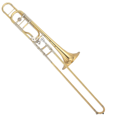 Trombone dourado com partes prateadas sobre fundo branco