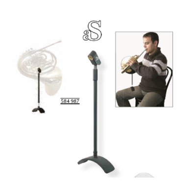 Suporte preto para microfone de trompa com base estável e imagem de músico tocando trompa