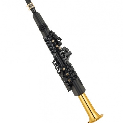 Saxofone soprano preto com sino dourado num fundo branco