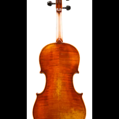 Violino de madeira castanho-avermelhado visto de trás