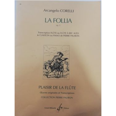 Capa de partitura musical 'La Follia' de Arcangelo Corelli com desenho de músico