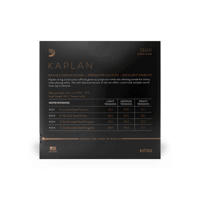 Embalagem preta de cordas para violoncelo KAPLAN com informações técnicas e tabela de espessuras e tensões.