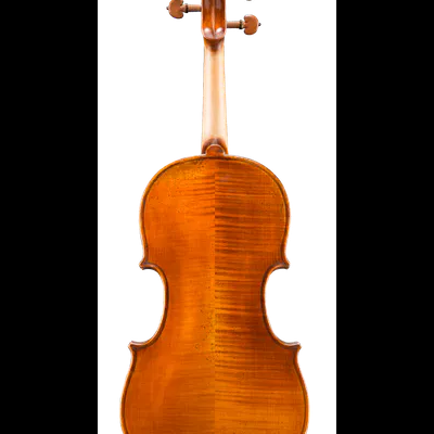 Violino castanho visto por trás sobre fundo branco