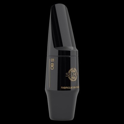 Bocal preto brilhante para saxofone com texto dourado 'S 80', 'SELIMER PARIS' e 'FABRIQUE EN FRANCE'