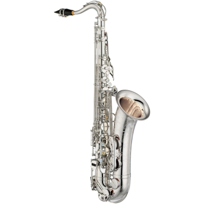 Saxofone tenor prateado com embocadura preta sobre fundo branco
