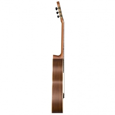 Guitarra acústica vista de perfil com corpo em madeira castanha e braço claro