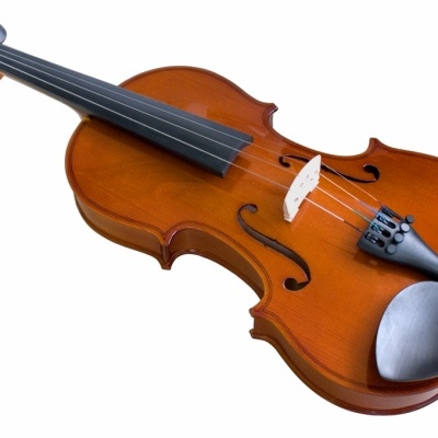 Violino de madeira castanho com queixeira preta