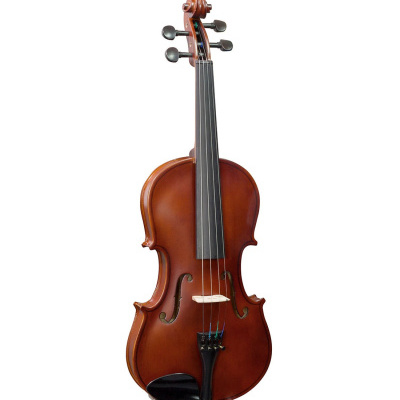 Violino clássico em madeira castanha com detalhes pretos e fundo branco