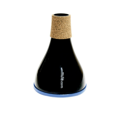 Abafador de metal preto com cortiça e base azul, com texto 'amMute.com'