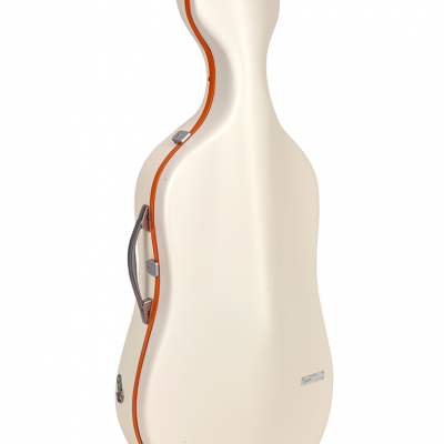 Estojo rígido creme para violoncelo com detalhes laranja e metálicos