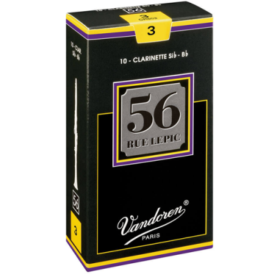 Caixa preta de palhetas para clarinete Vandoren com texto e detalhes em amarelo e roxo.