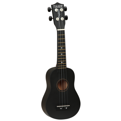 Ukulele preto TIARE com quatro cordas e detalhes dourados