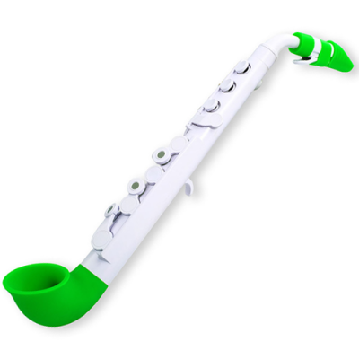 Saxofone soprano de brinquedo branco e verde com teclas circulares