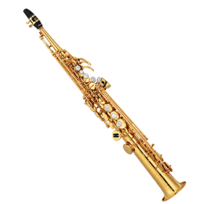 Saxofone soprano dourado com teclas brancas e bocal preto