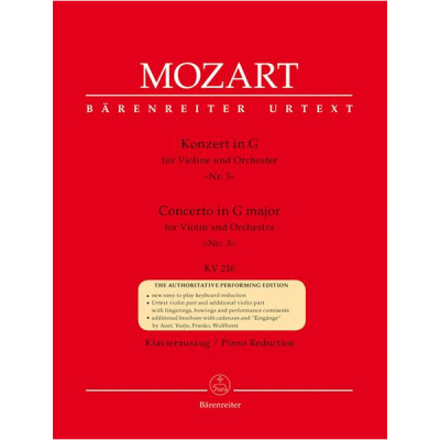 Capa vermelha de partitura musical com texto sobre concerto de Mozart para violino e orquestra