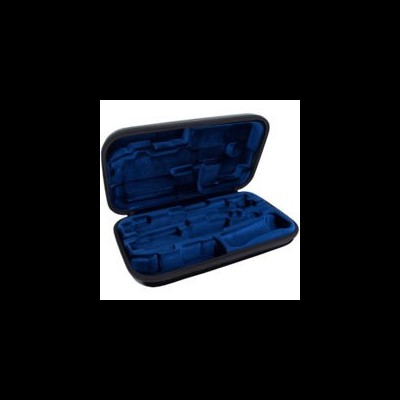 Estojo rígido preto com interior almofadado azul para acessórios