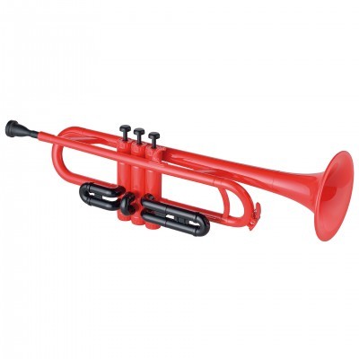 Trompete vermelho com válvulas pretas, fundo branco