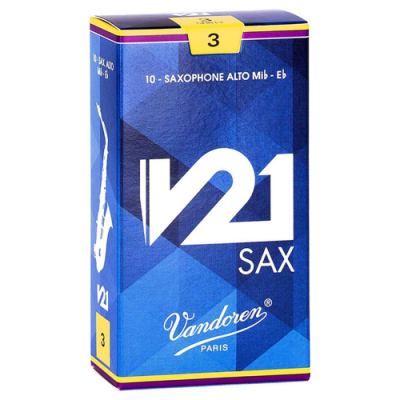 Embalagem azul para palhetas de saxofone alto Vandoren V21 número 3