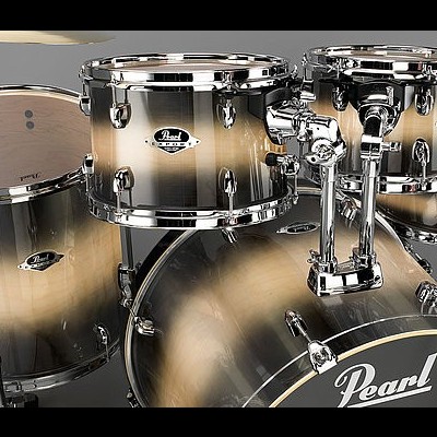 Bateria acústica Pearl preta e dourada com suportes cromados.