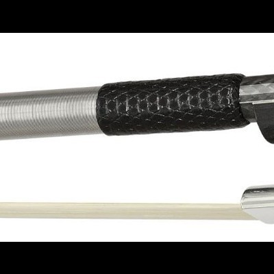 Arco para violino com ponta e botão metálicos prateados, cerne preto e crinos brancos