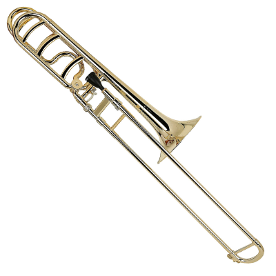 Trombone dourado de metal com acabamento brilhante