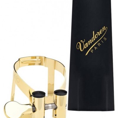 Abraçadeira dourada para instrumento musical com protetor preto Vandoren.