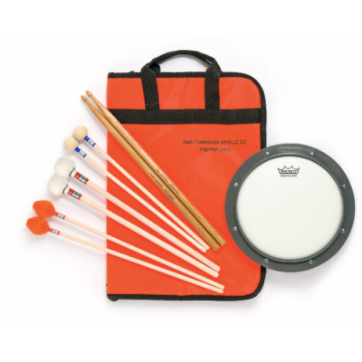 Conjunto de percussão com bloco de treino, baquetas de madeira e bolsa laranja